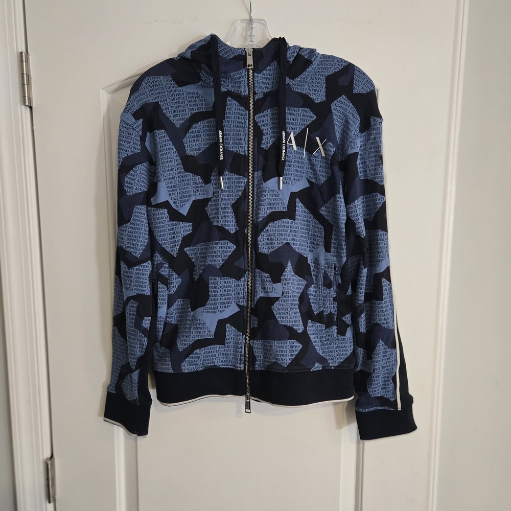 Armani Exchange Hoodie Mens XS Blue Black Logo Zip Graphic Sweatshirt